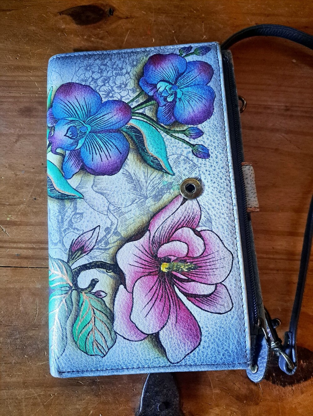 Anuschka Hand Painted Leather Crossbody Smartphone Wallet Orange Poppy Floral - Picture 6 of 13